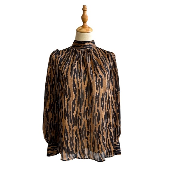 H&M Leopard Print Pattern Blouse Light Brown Crepe Sheer Long Sleeve Size Small - Picture 2 of 12